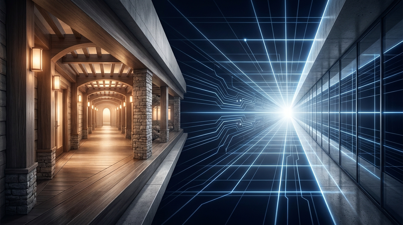 Two distinct paths diverging on a sleek modern surface, one representing a traditional agency and one representing autonomous AI-human management, bathed in high-contrast light