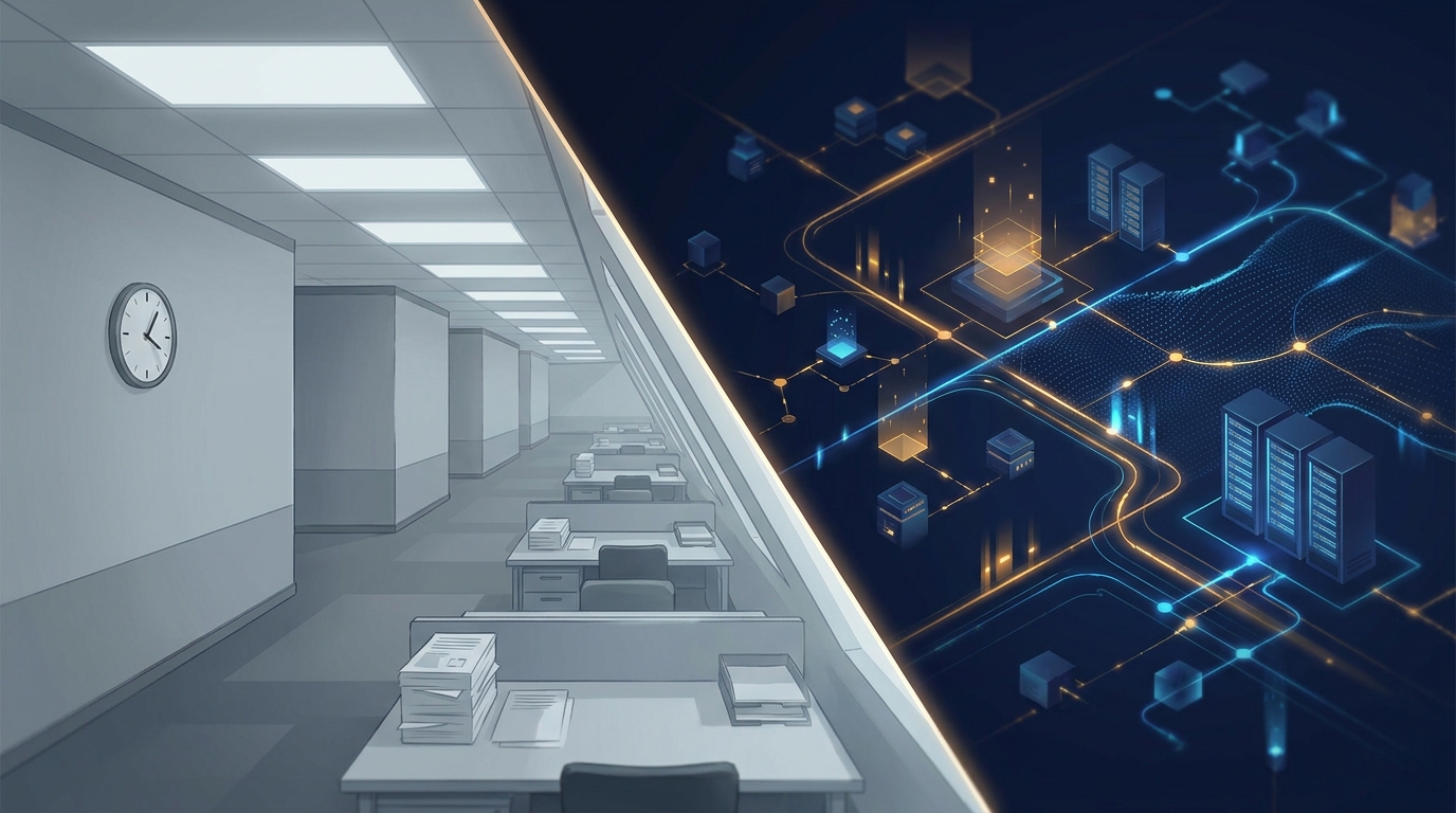 Two diverging paths on a split terrain: one representing a traditional agency model, the other autonomous AI-driven management, under cool dramatic light