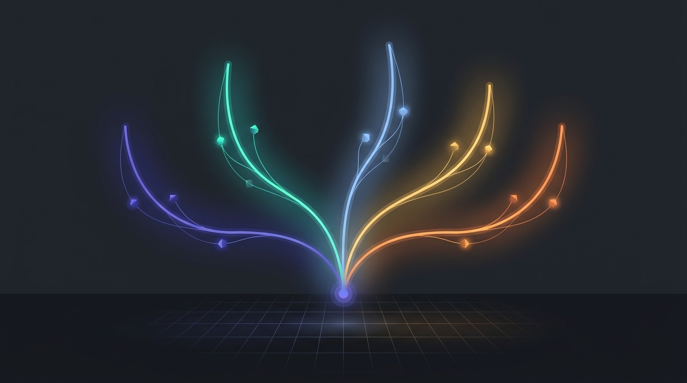 Abstract editorial illustration of five illuminated pathways diverging from a single origin point, representing Google Ads Smart Bidding strategy choices in 2026