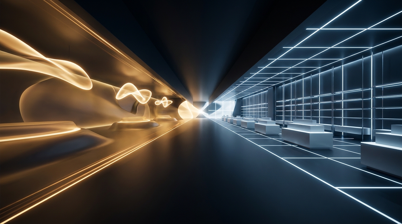 Two diverging paths in a clean architectural space, one automated and glowing, one structured and precise, symbolizing the choice between Performance Max and Standard Shopping.