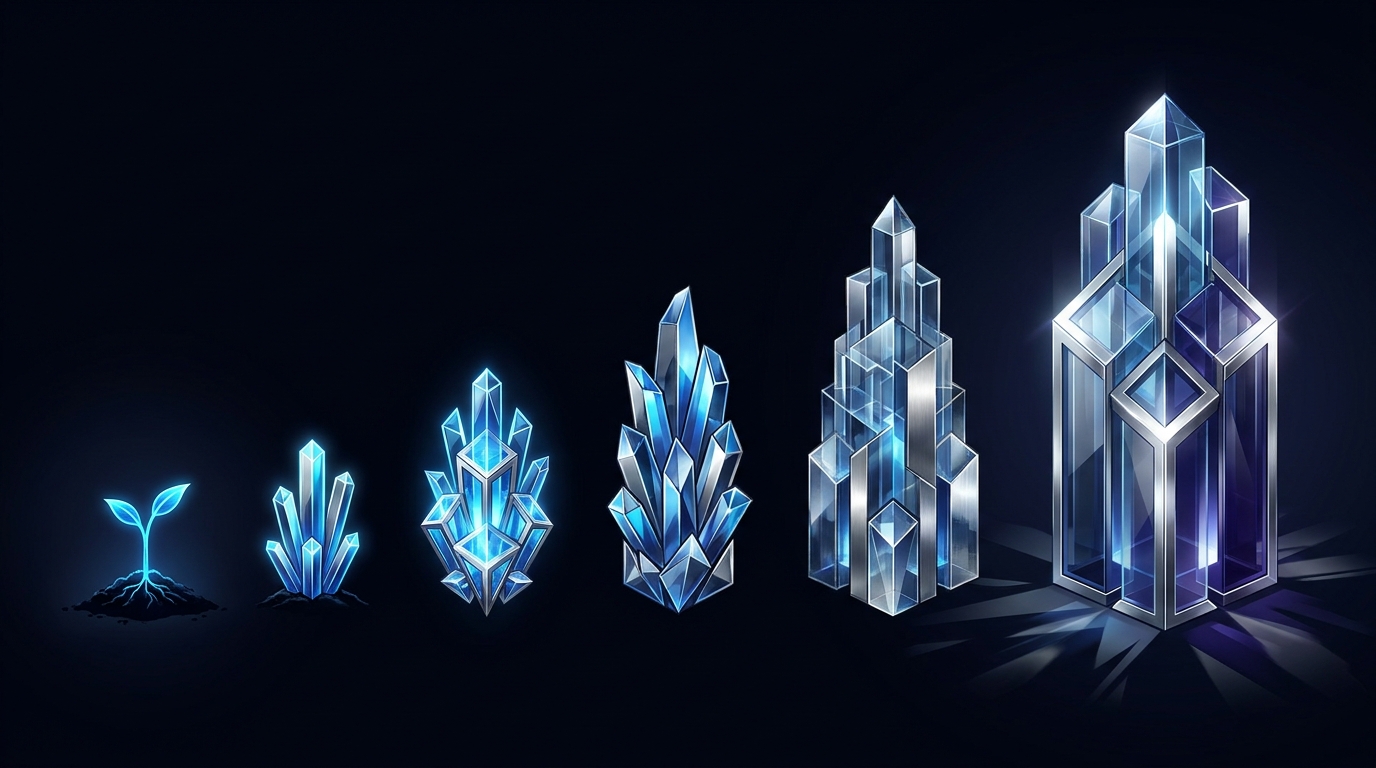 A small seedling growing into a towering structure of glowing geometric forms, symbolizing startup Google Ads growth from minimal budget to full scale