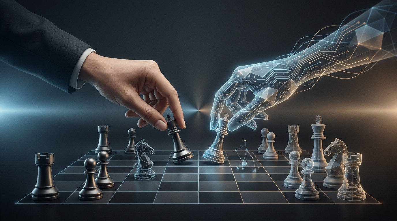 A human chess grandmaster and a glowing AI circuit board jointly move pieces on a board, symbolizing the AI-human hybrid future of PPC agency management.