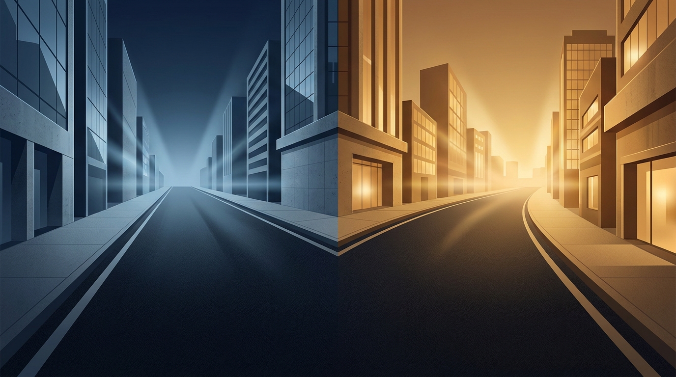 Two diverging paths through a modern cityscape at dusk, one lit by warm search-intent blue light, the other by social-feed amber glow, symbolizing Google Ads vs Meta Ads