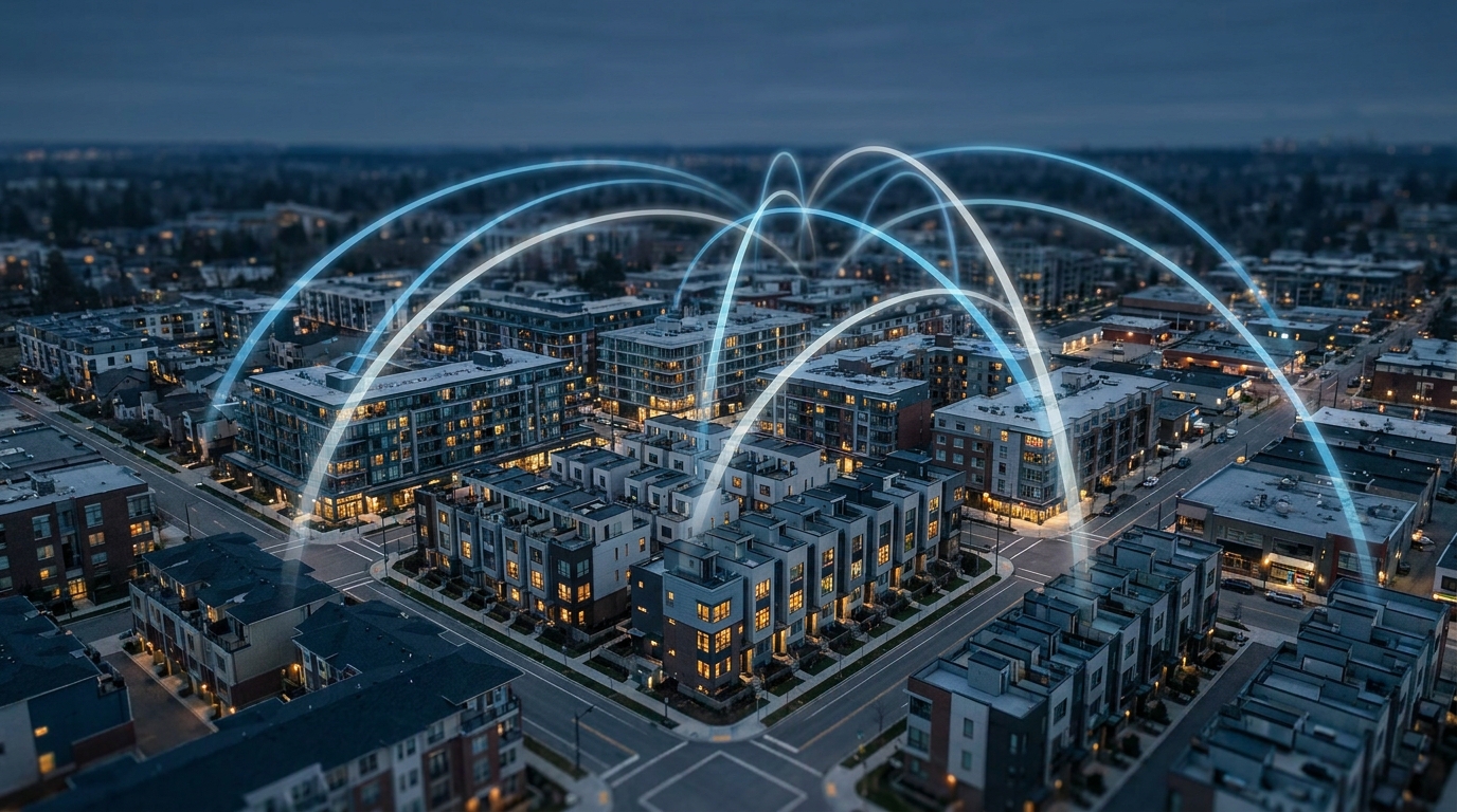Aerial view of a modern city neighborhood at dusk with glowing search signal arcs rising above rooftops, representing real estate Google Ads strategy