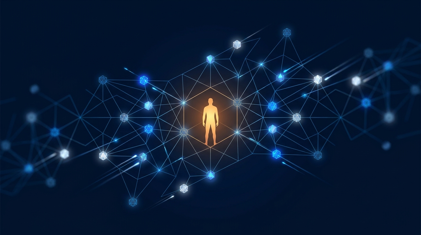 A single conductor at the center of an expanding network of glowing nodes, symbolizing one agency managing many client campaigns at scale without added headcount.