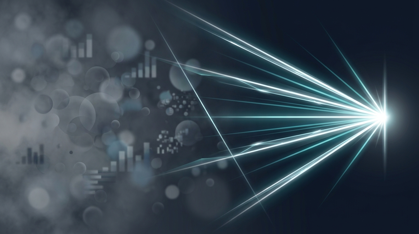 A split composition showing clear signal emerging from noise — sharp geometric lines cutting through a fog of scattered data points, rendered in deep navy and cool white.