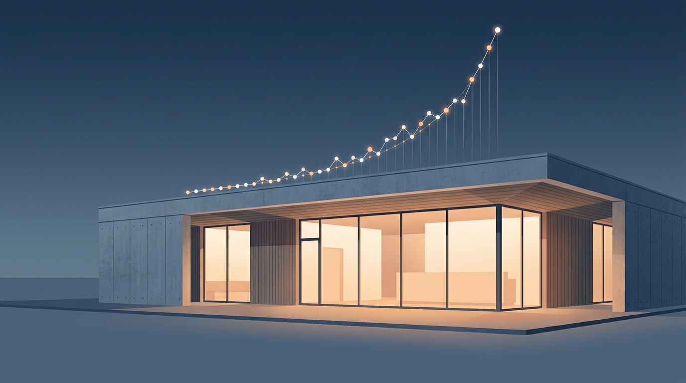 A modern dental practice exterior glowing at dusk with a rising upward-trending graph of light beams suggesting patient growth and digital ad performance