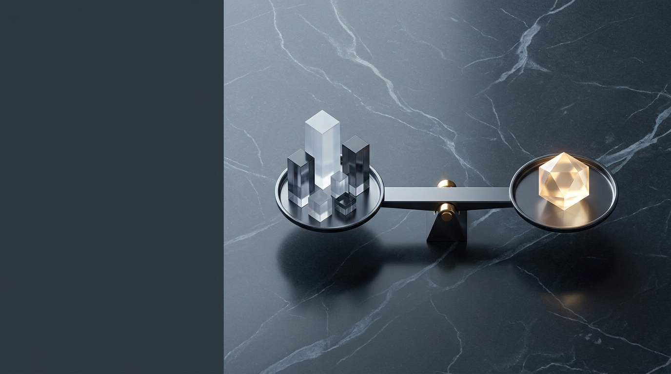 Abstract editorial illustration of layered cost structures and value scales, representing Google Ads pricing, CPC benchmarks, and ROI analysis across industries in 2026.