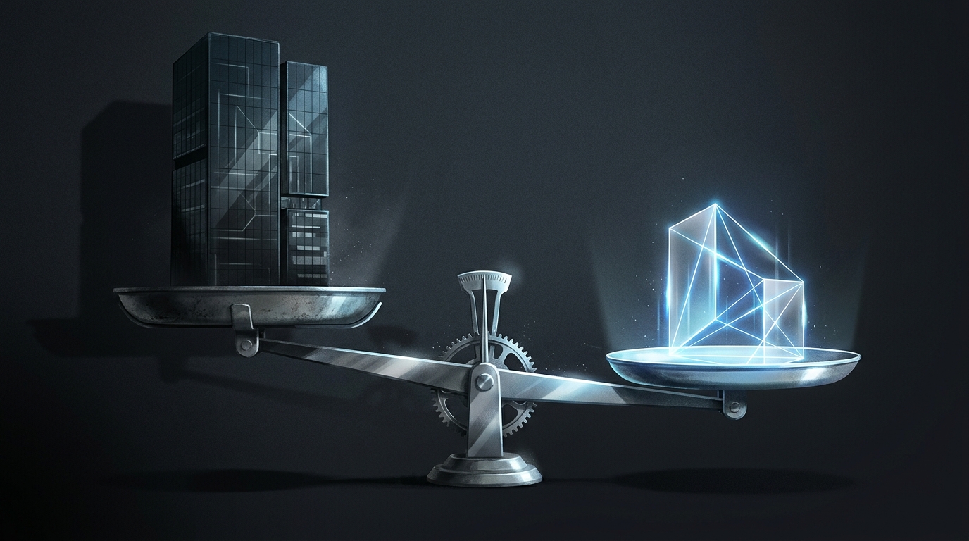 A sleek scale balancing a heavy traditional agency structure against a lean autonomous AI system, set against a high-contrast dark editorial background.