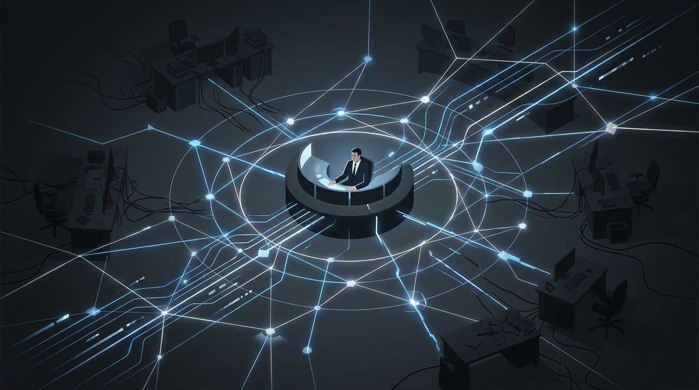 AI and human collaboration replacing traditional Google Ads agency model in 2026, symbolized by a luminous autonomous network overtaking fragmented manual structures