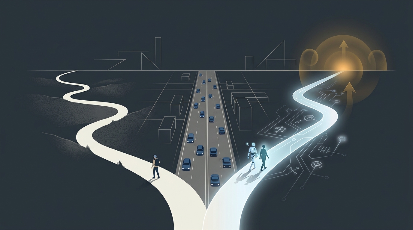 Three distinct paths converging toward a single illuminated route, representing the choice between freelancer, agency, and autonomous Google Ads management