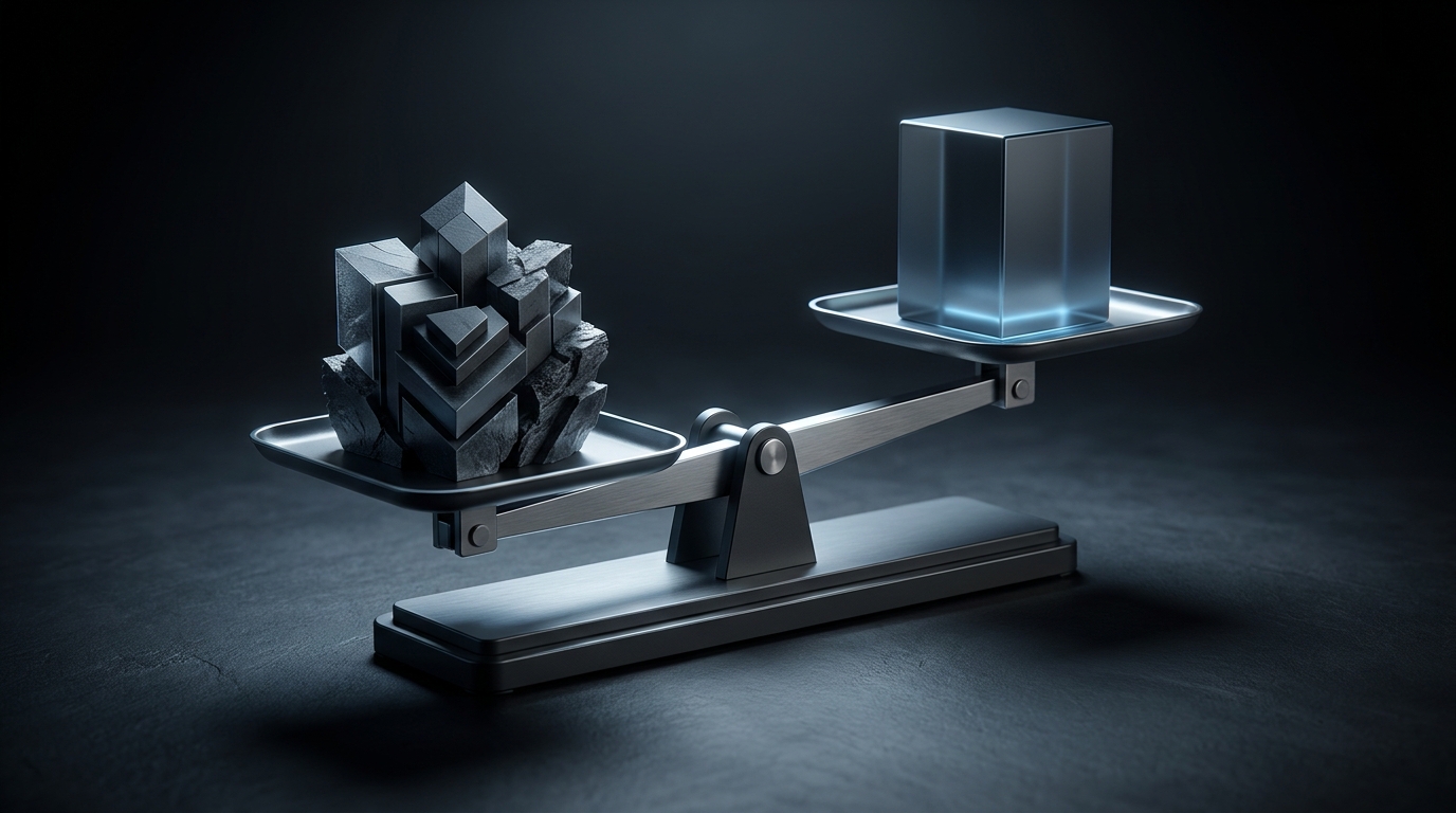 A split analytical scale weighing two abstract geometric structures under cool directional light, symbolizing PPC tool comparison and value assessment.