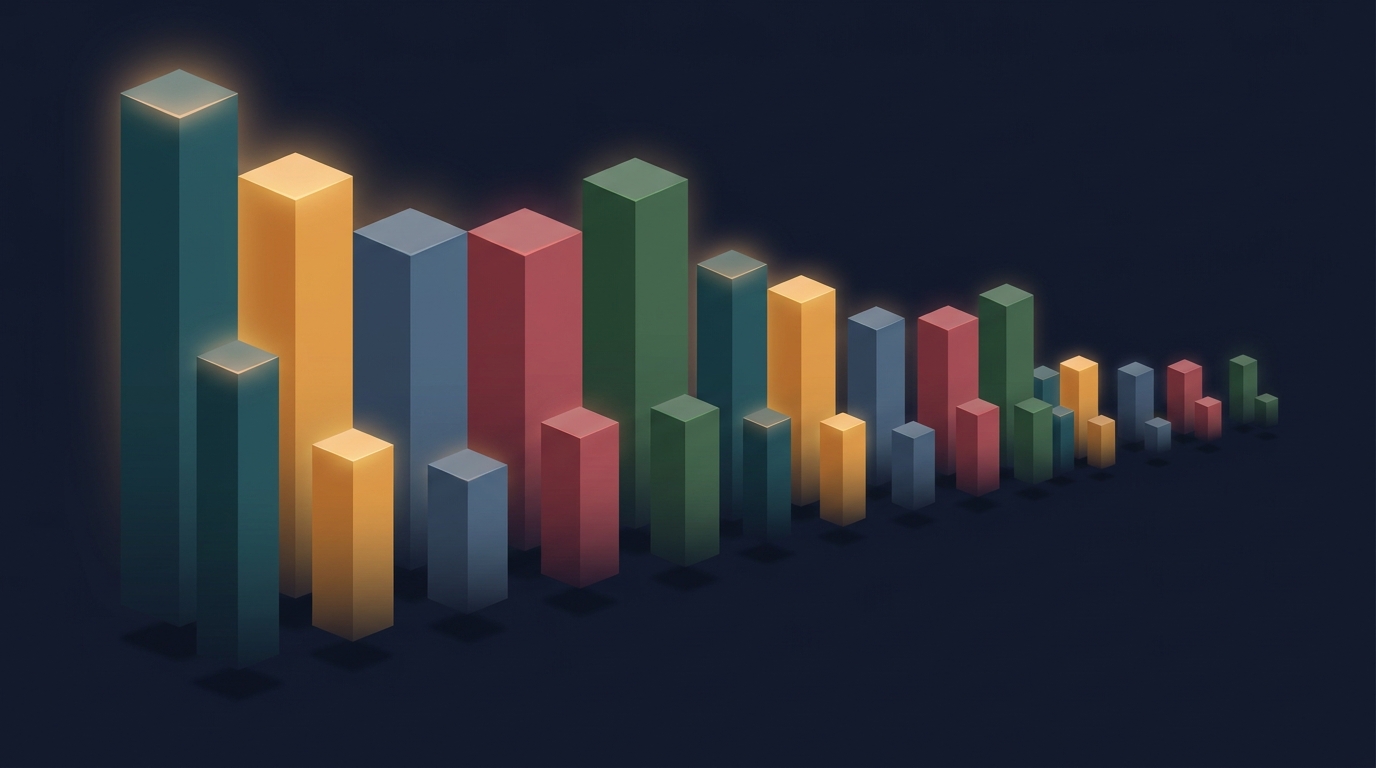 A wide editorial illustration of multiple vertical bar charts floating in space, each glowing with a different industry color, set against a deep navy background.