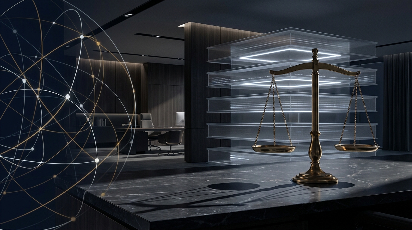 A law firm office setting merging with digital campaign architecture — scales of justice beside glowing bid optimization nodes in a restrained blue and gold palette