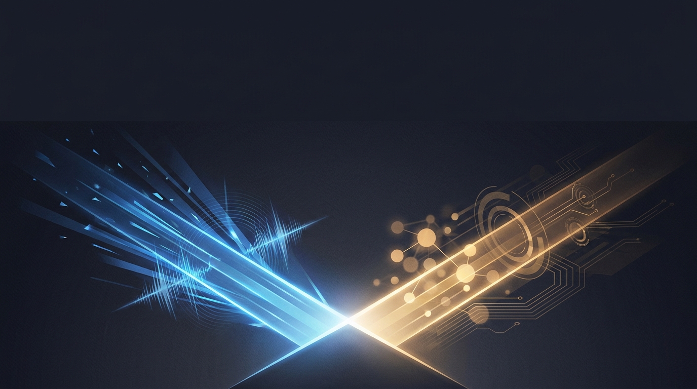 Two illuminated paths diverging in a dark landscape, one pulsing with active search energy, the other with targeted professional network signals, representing B2B ad platform choice.