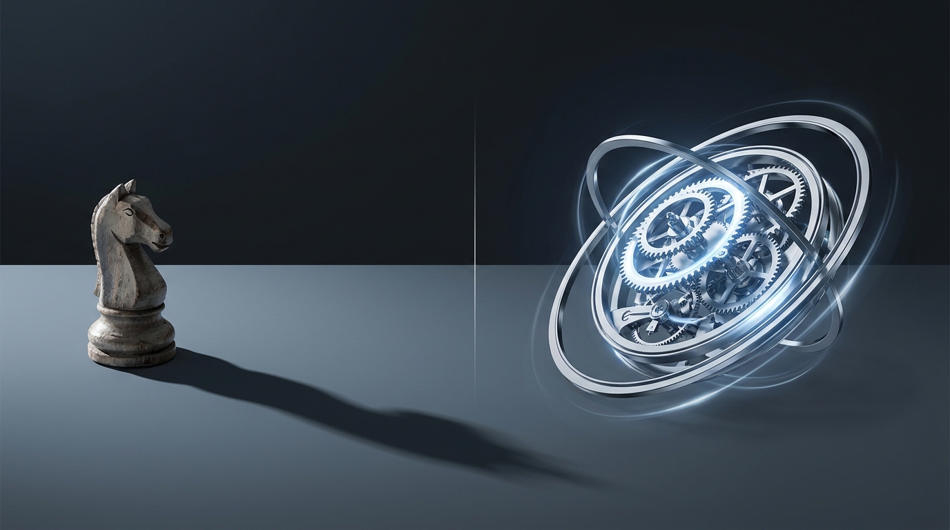 A lone chess piece faces an automated clockwork system of gears and moving parts on a clean high-contrast surface, symbolizing freelancer dependency versus autonomous management.