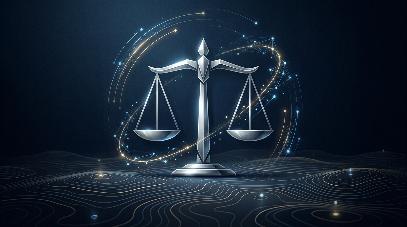 A polished editorial illustration of scales of justice rendered in geometric forms, surrounded by abstract data streams and glowing node connections on a deep navy background.