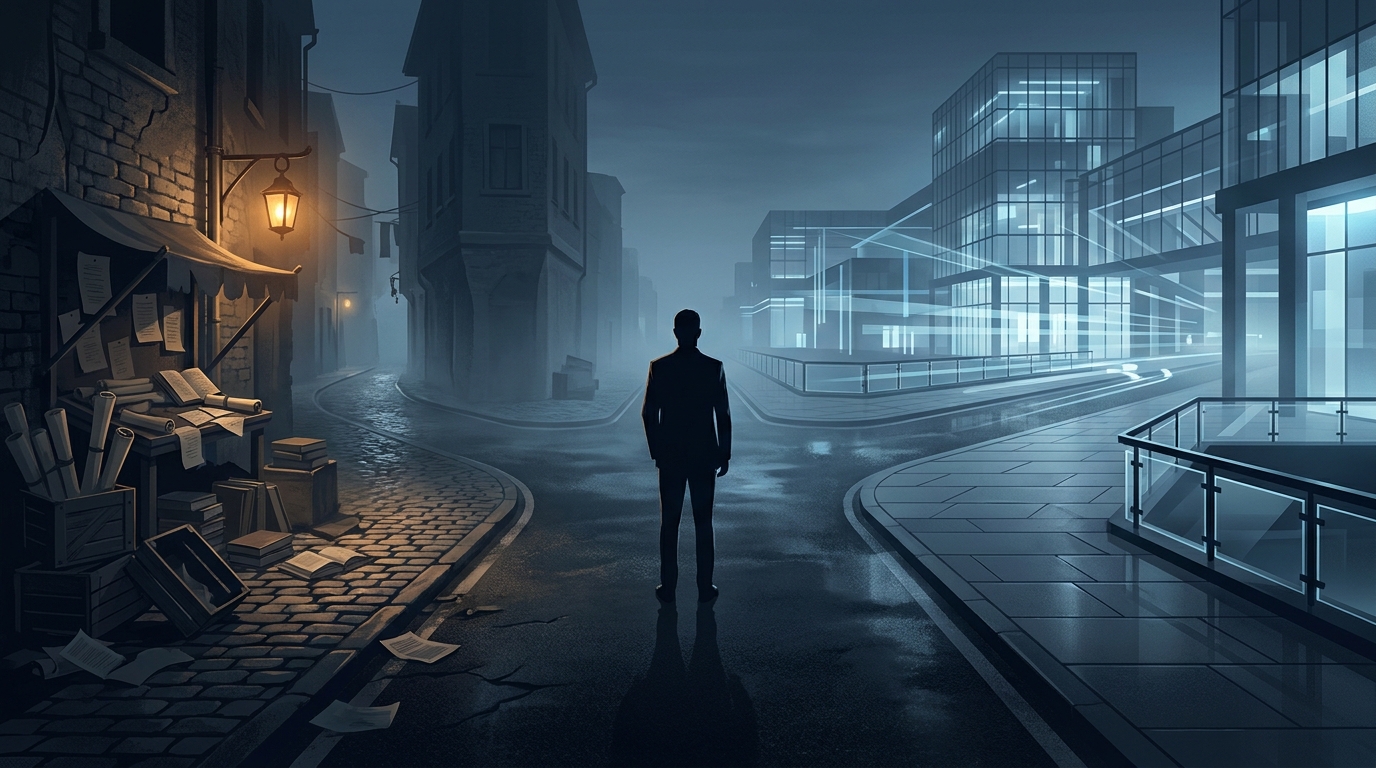 A lone figure at a fork in a misty road, one path leading to a dimly lit freelancer marketplace stall, the other to a sleek modern operations center glowing with light
