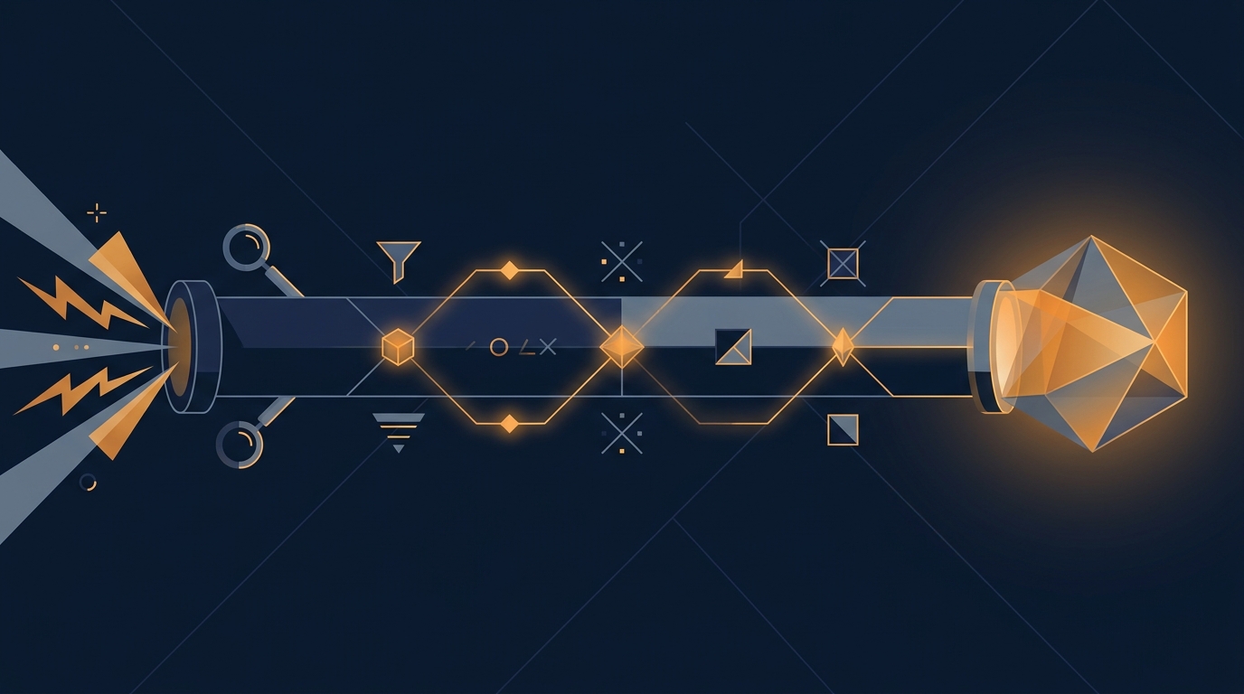 Abstract editorial illustration of a long strategic pipeline with precision nodes, representing B2B Google Ads campaign structure, long sales cycles, and ROI attribution in 2026.