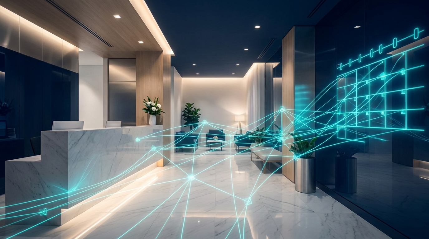 A modern dental practice reception desk bathed in cool blue light, with a subtle abstract network of glowing appointment-flow lines converging toward a calendar