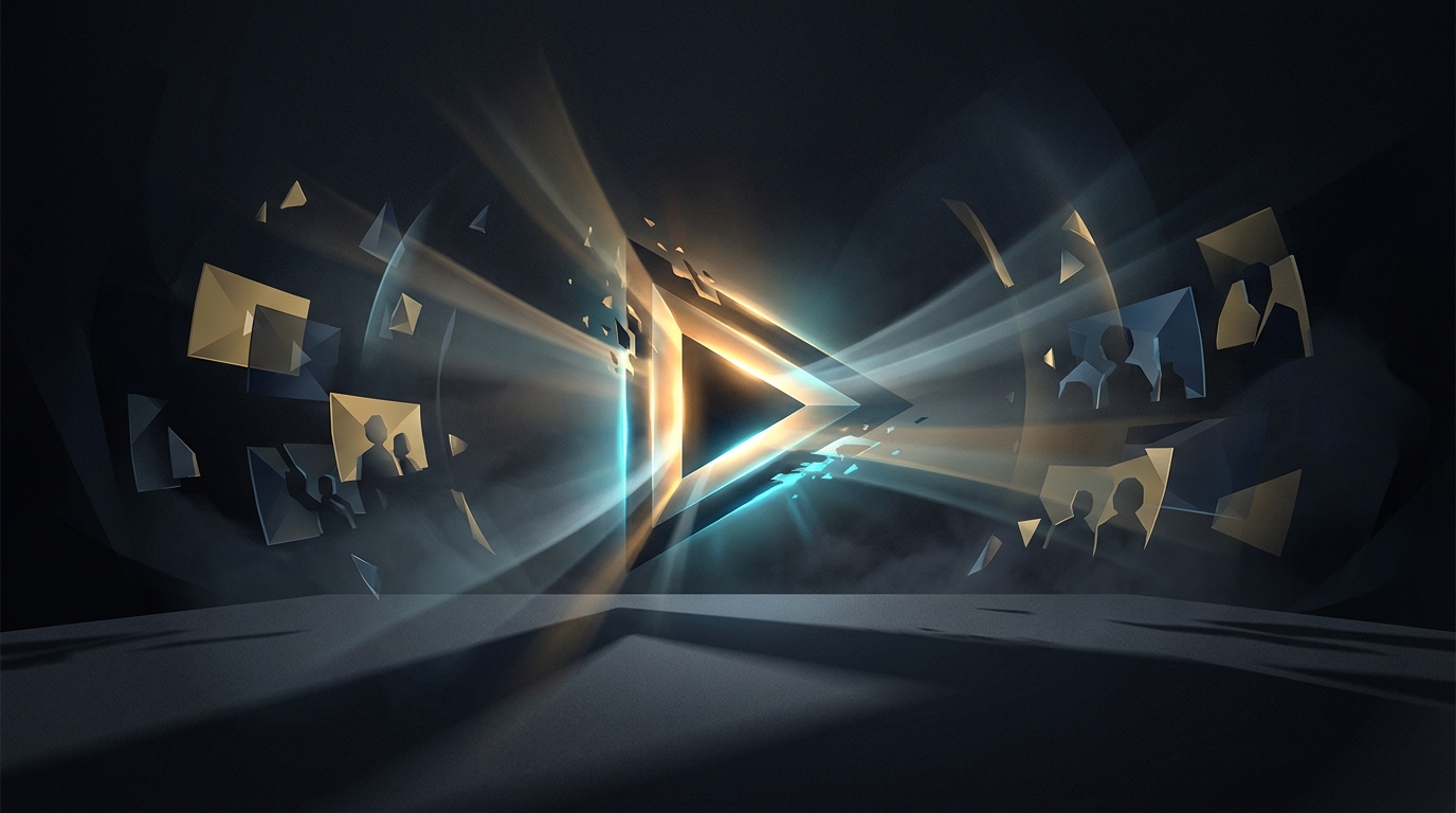 Wide cinematic scene of a bold video play button dissolving into radiating light beams across a dark stage, symbolizing YouTube advertising strategy and reach