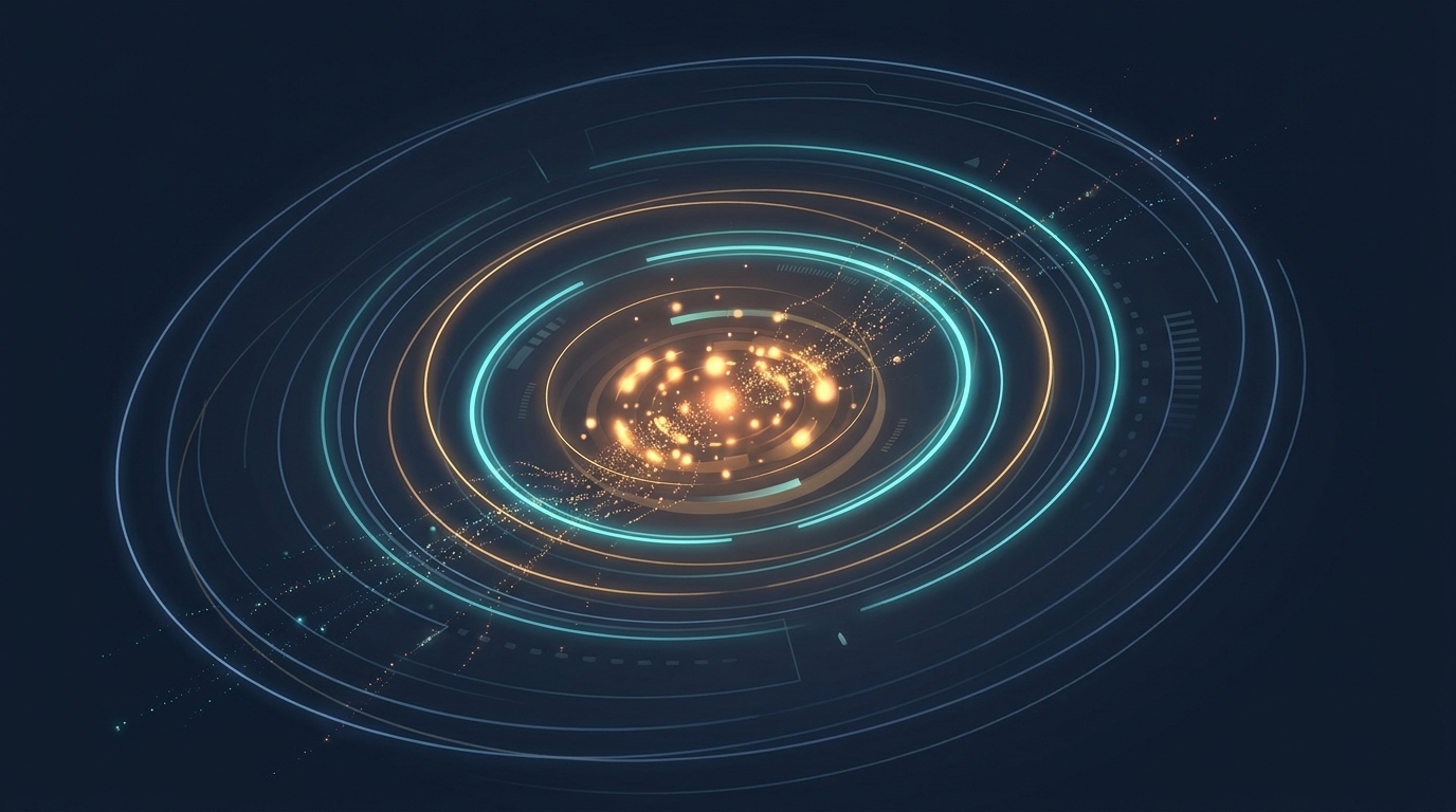 Abstract editorial illustration of concentric digital rings drawing warm light inward, symbolizing remarketing audiences being recaptured through targeted display advertising.