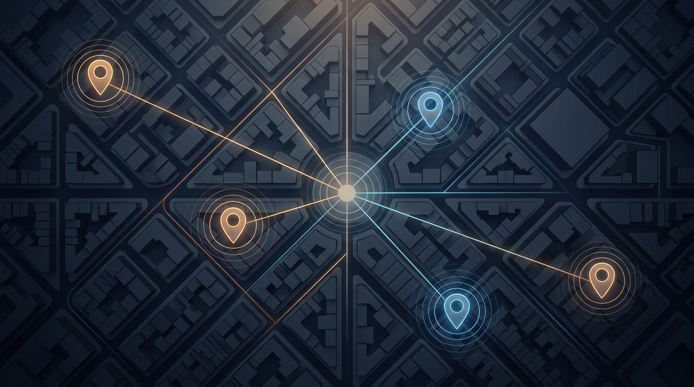 Aerial map view of a city grid with glowing pin markers at multiple locations, connected by luminous network lines, representing multi-location Google Ads management at scale.