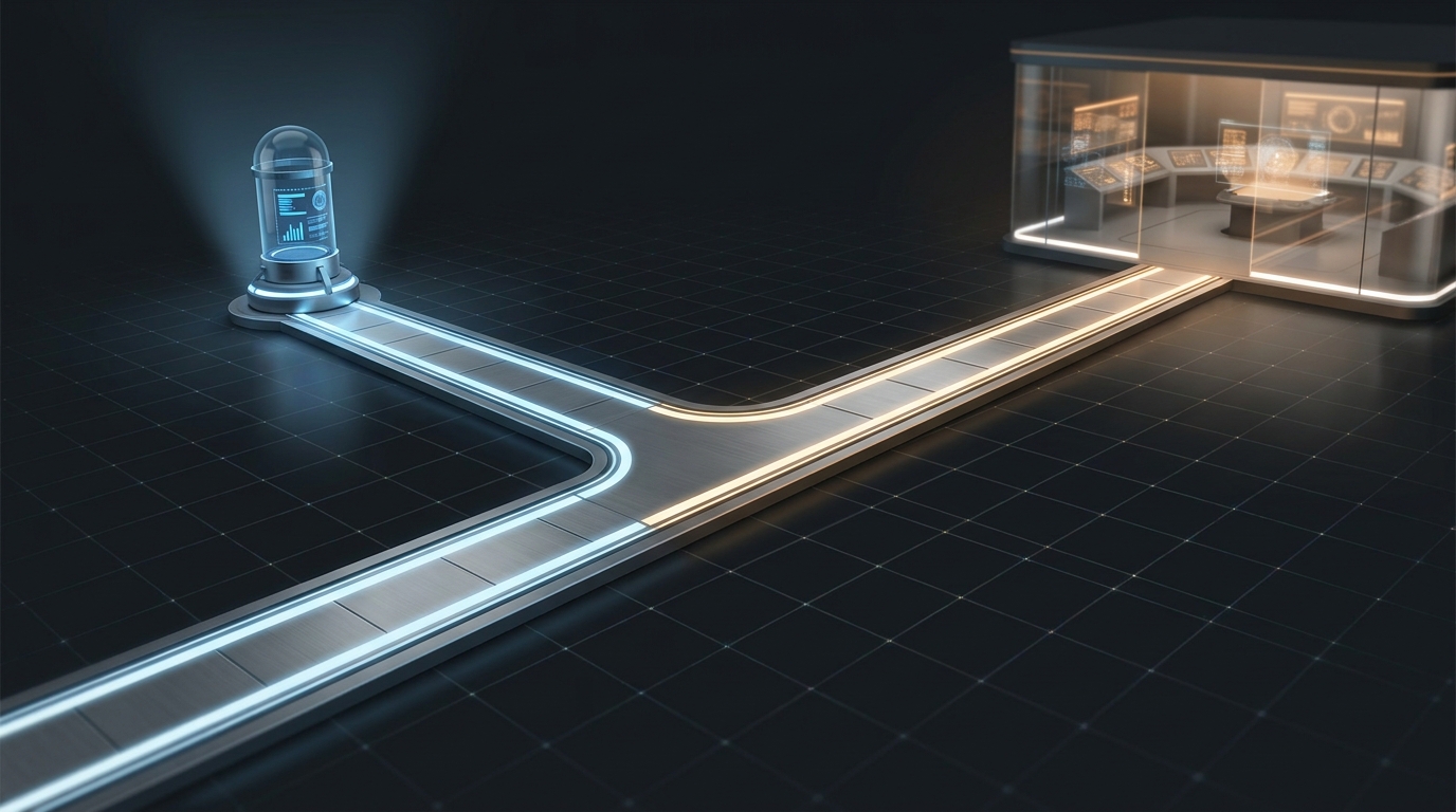 Two distinct paths diverging on a modern grid surface, one leading to a diagnostic instrument panel, the other to a control room with an autonomous operator