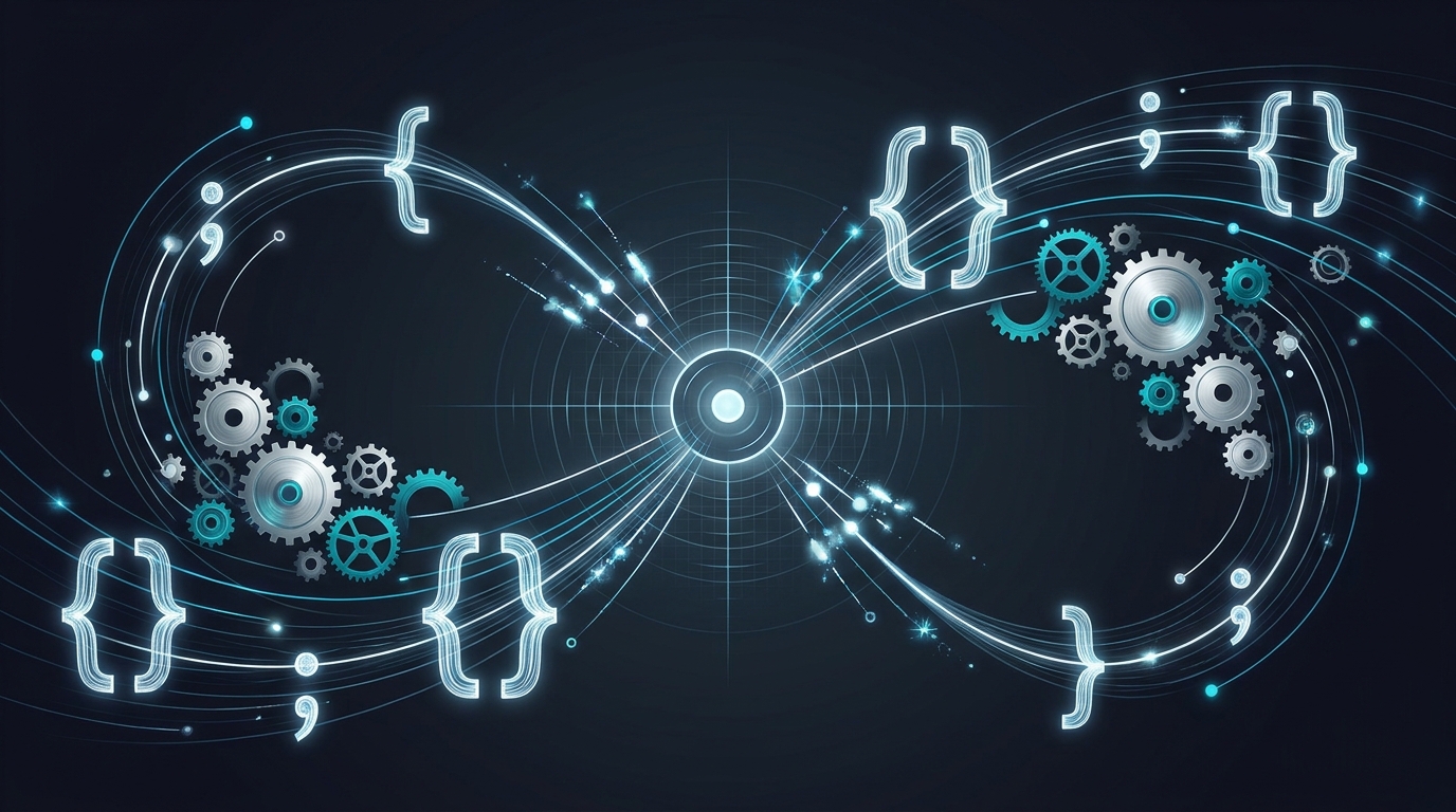 Abstract editorial illustration of glowing JavaScript code fragments and automation gears flowing through a dark, high-contrast digital grid representing Google Ads script automation