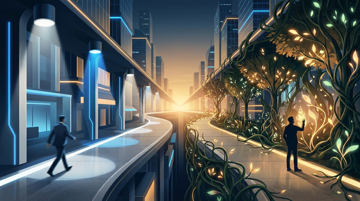 Two diverging paths through a modern cityscape at dusk, one illuminated instantly by bright artificial light, the other slowly lit by growing organic greenery