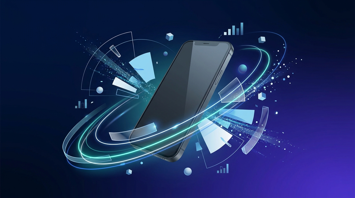 A smartphone launches upward like a rocket through a layered network of glowing signal paths and app icons dissolving into abstract data streams