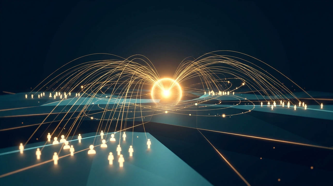 A digital web of glowing reconnection paths linking abstract user silhouettes back to a focal point, symbolizing display remarketing audience targeting.