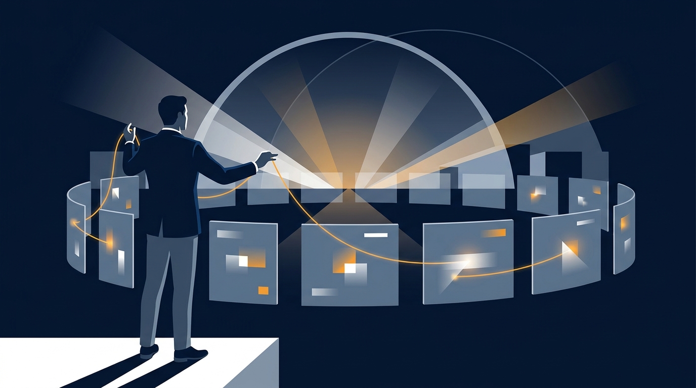 An agency principal orchestrating multiple client campaigns through a seamless invisible layer, representing white-label Google Ads management at scale in 2026.