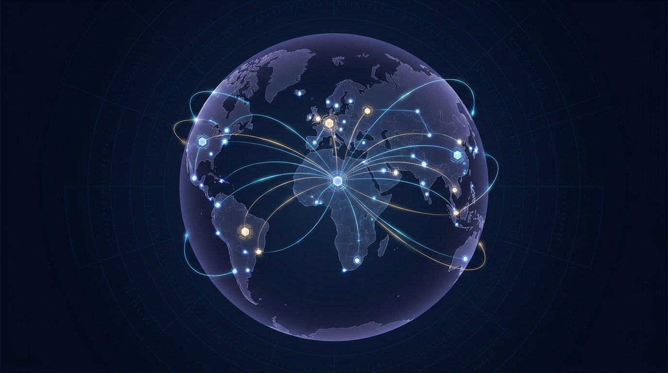 A globe with glowing interconnected nodes and campaign signal lines expanding outward across continents, representing international Google Ads scaling