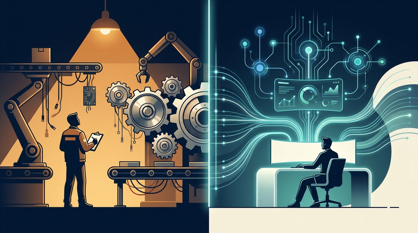 A split composition showing a half-assembled machine on one side and a fully autonomous control room on the other, symbolizing semi-autonomous versus full autonomy.