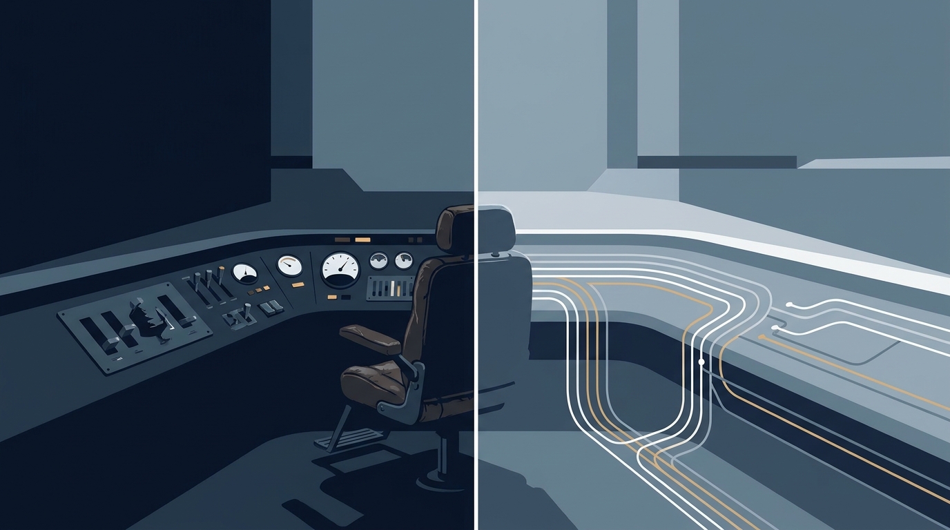 A bold editorial split composition contrasting a manual control panel requiring human input against a self-operating autonomous system running seamlessly on its own