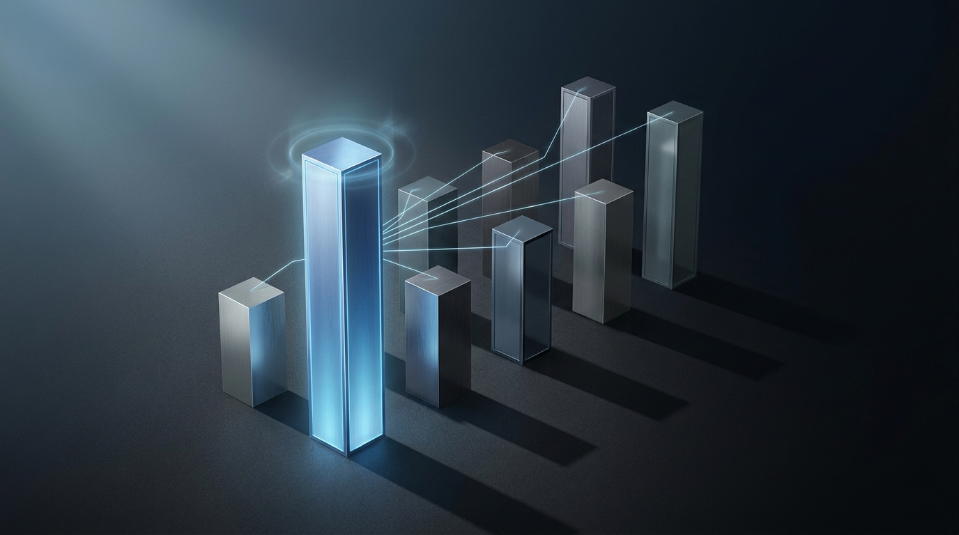A bold editorial illustration showing a ranked podium of abstract geometric forms under dramatic light, symbolizing comparison and hierarchy among AI-powered services.
