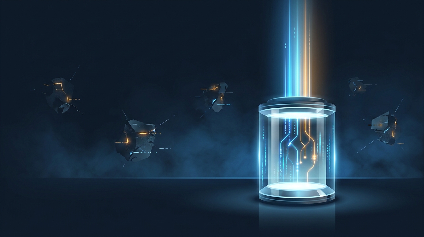 A lone autonomous control tower glowing with warm light stands above a dark landscape while faint disconnected signal nodes drift in the distance