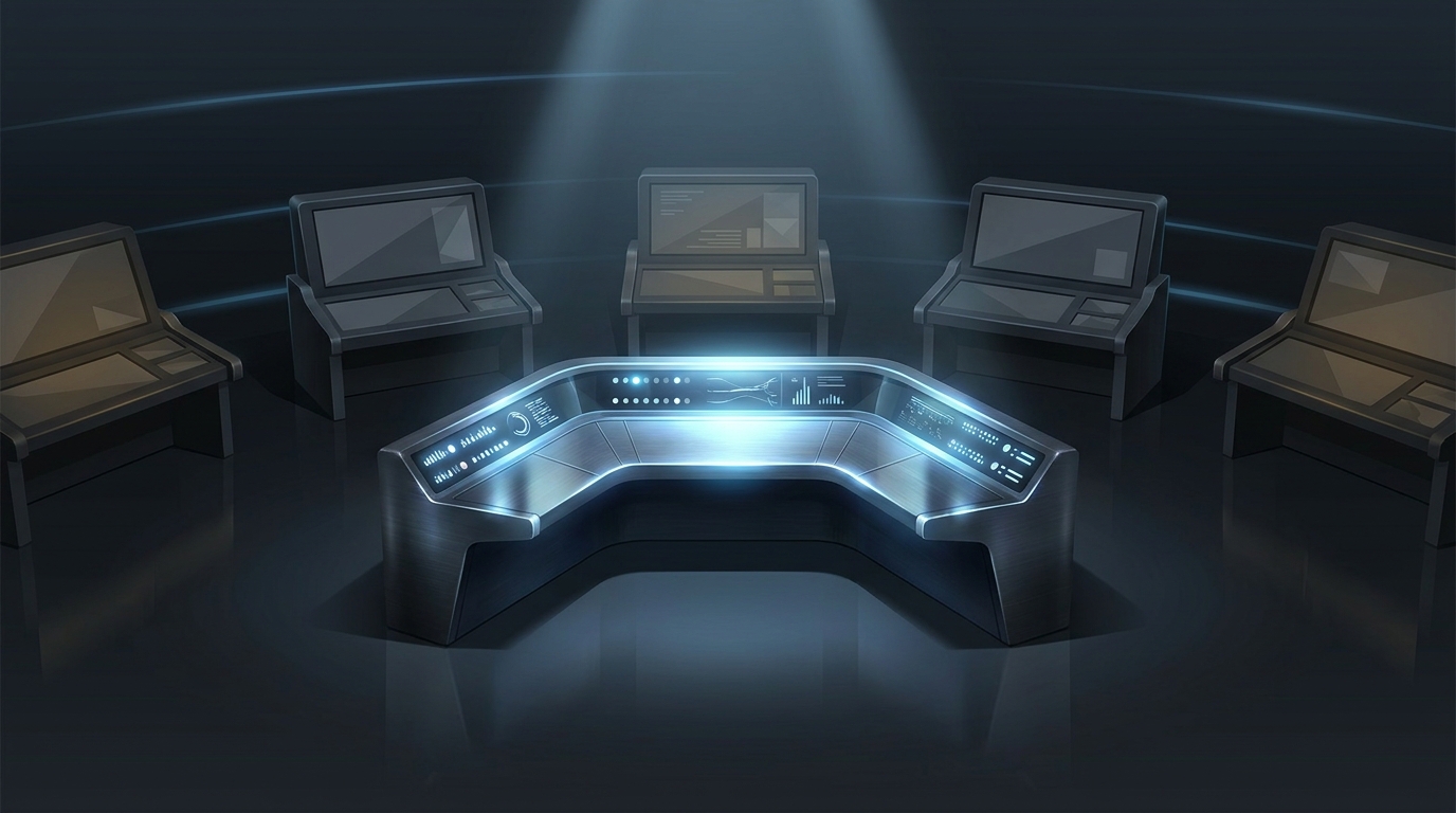 A single illuminated control panel stands fully operational amid several dimmed, dormant panels, symbolizing autonomous management versus assisted copilot tools