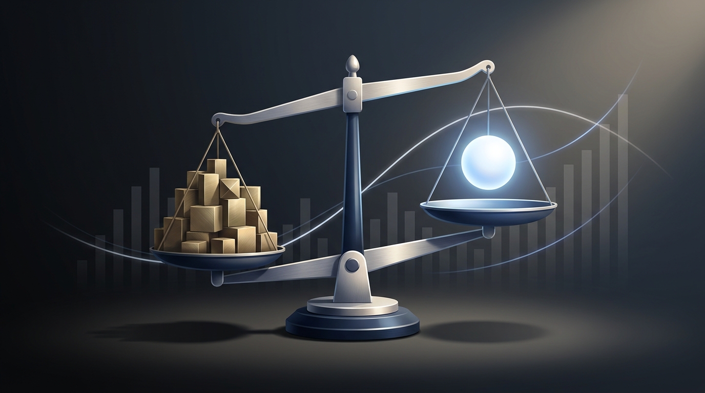 A wide editorial illustration showing a tiered scale or pricing spectrum with abstract cost indicators, contrasting premium agency weight against a sleek autonomous service