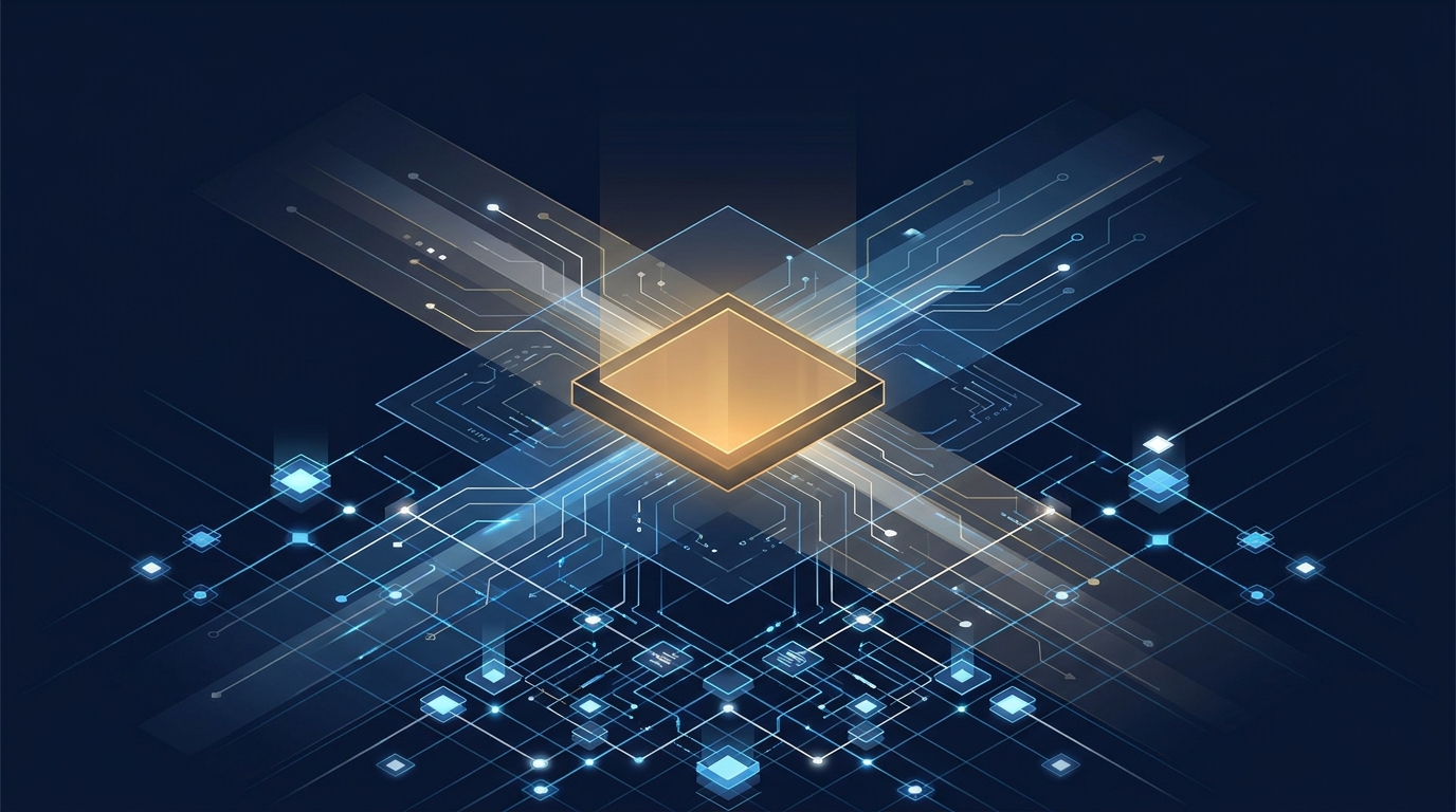 A bold editorial illustration of a glowing neural network grid merging with a strategic control panel aesthetic, representing AI-era Google Ads campaign management in 2026.