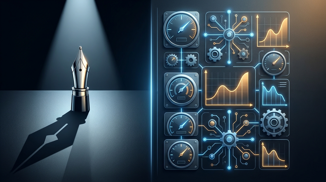 A single polished pen nib on a vast, sparse desk beside an intricate control panel with many unlabeled dials, symbolizing copy versus full strategy