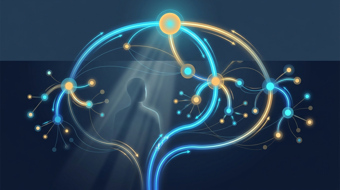 Abstract editorial illustration of interconnected budget allocation nodes with dynamic flow lines, representing AI-driven ad spend optimization across campaign levels