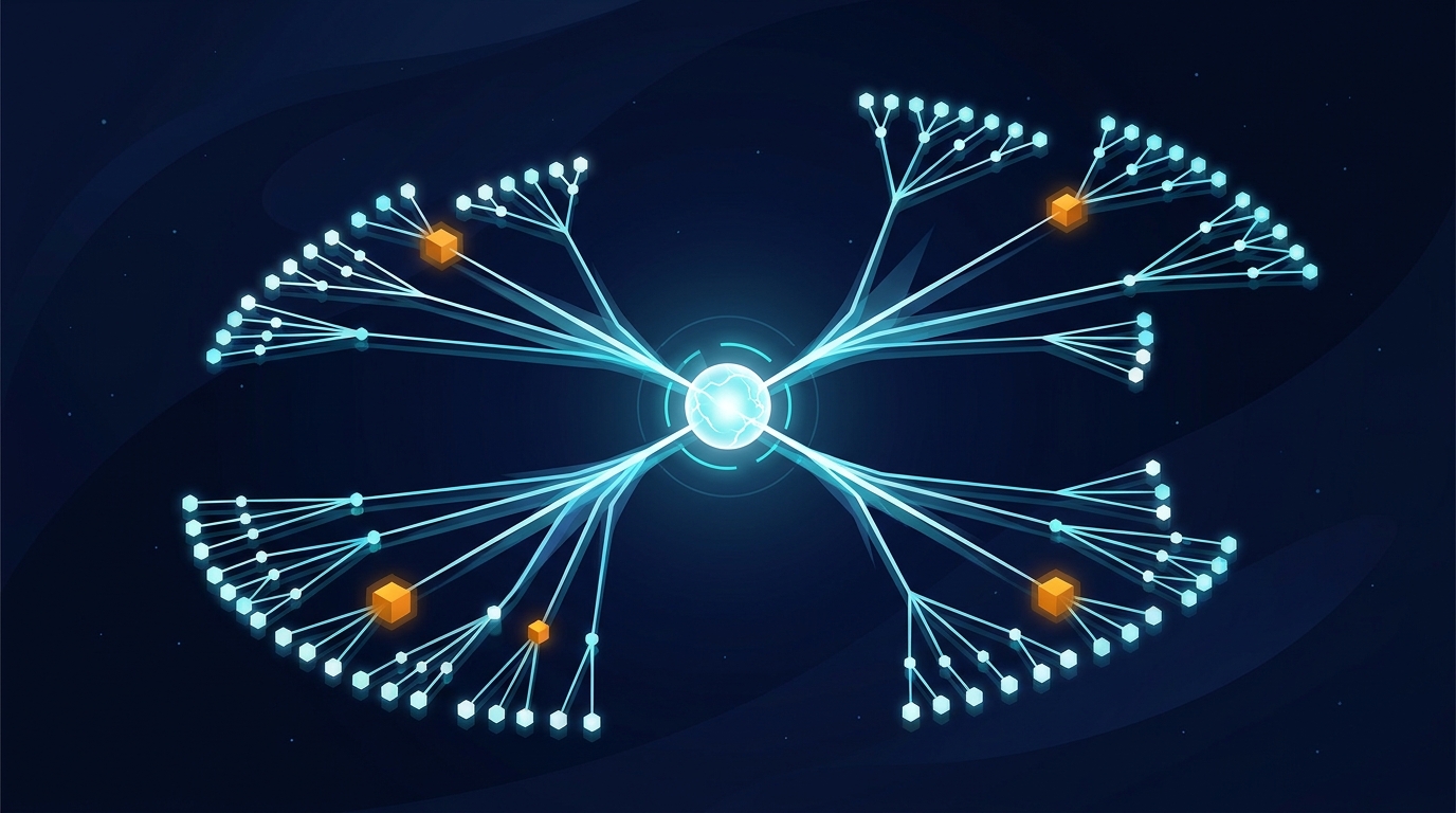 An AI neural network expanding outward from a central search hub, with glowing signal paths branching into organized campaign structures against a deep navy background