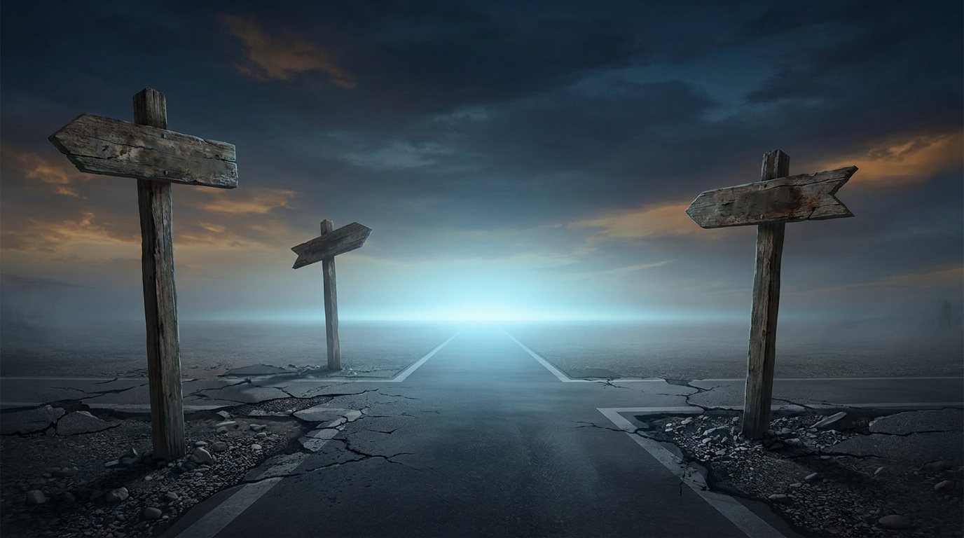 Three weathered signposts at a crossroads under a dramatic sky, with a fourth sleek modern path diverging confidently ahead, symbolizing agency comparison and a superior choice.