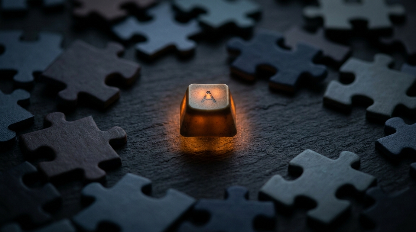 A single illuminated typewriter key surrounded by dim, fragmented puzzle pieces on a dark surface, symbolizing copy as just one piece of campaign performance.