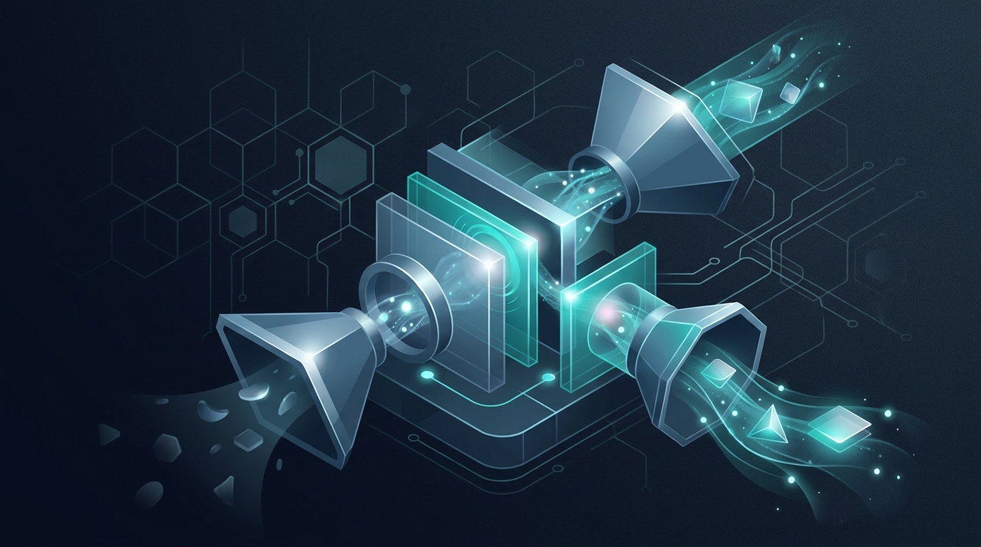 Abstract editorial illustration of a SaaS pipeline funnel with geometric data flows and optimization nodes on a dark high-contrast background