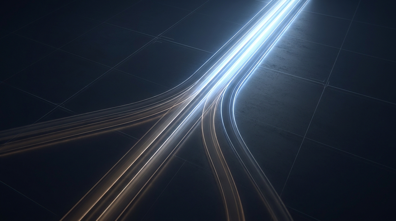 A single illuminated path diverging from multiple dimly lit routes on a dark surface, symbolizing choosing the best Google Ads management alternative