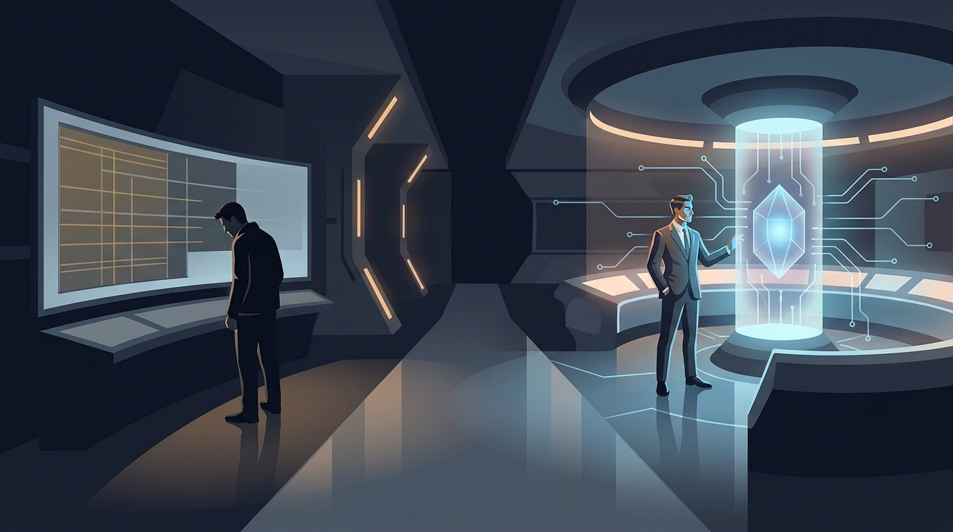 Two diverging paths in a sleek control room: one leading to a static dashboard screen, the other to a dynamic AI-human partnership in action
