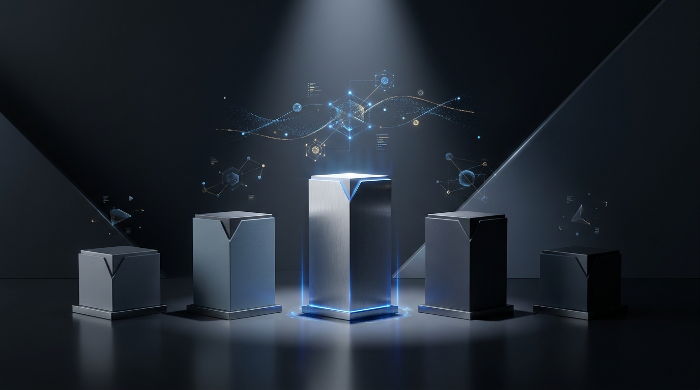 A bold editorial illustration showing one dominant figure elevated above a lineup of smaller competitors, symbolizing clear superiority in an AI Google Ads tool comparison.